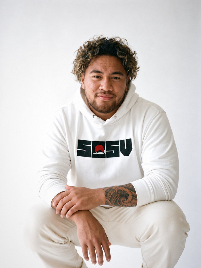 5C5V Red Sun hoodie in white, worn on a white background