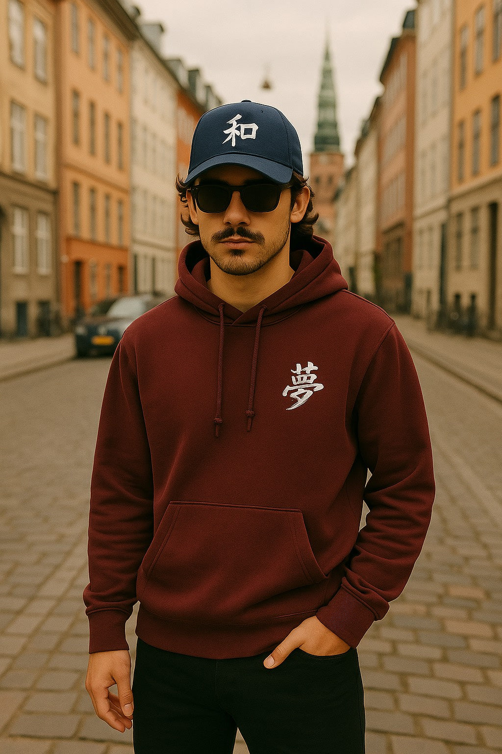 Man wearing a burgundy Tokyo 夢 (Dream) hoodie from 5C5V, walking on a cobblestone street in a Scandinavian city, styled with a navy cap and sunglasses.