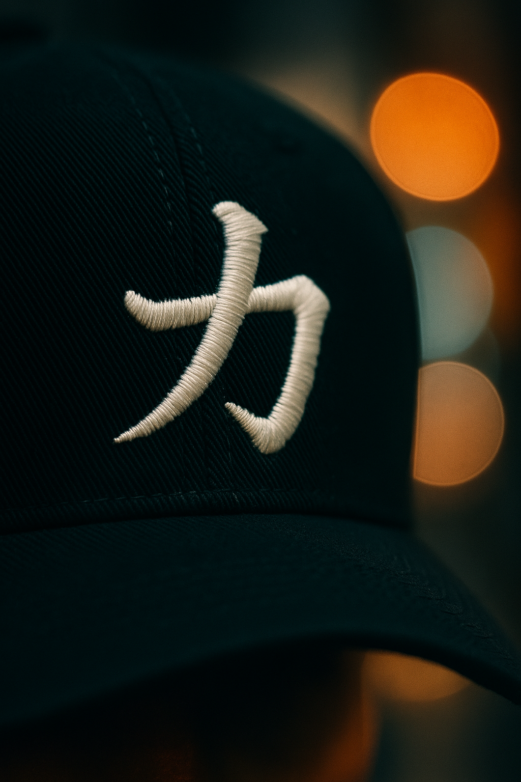 Black Osaka cap featuring embroidered white 力 (Strength) kanji, photographed in a cinematic blurred city background with warm bokeh lights