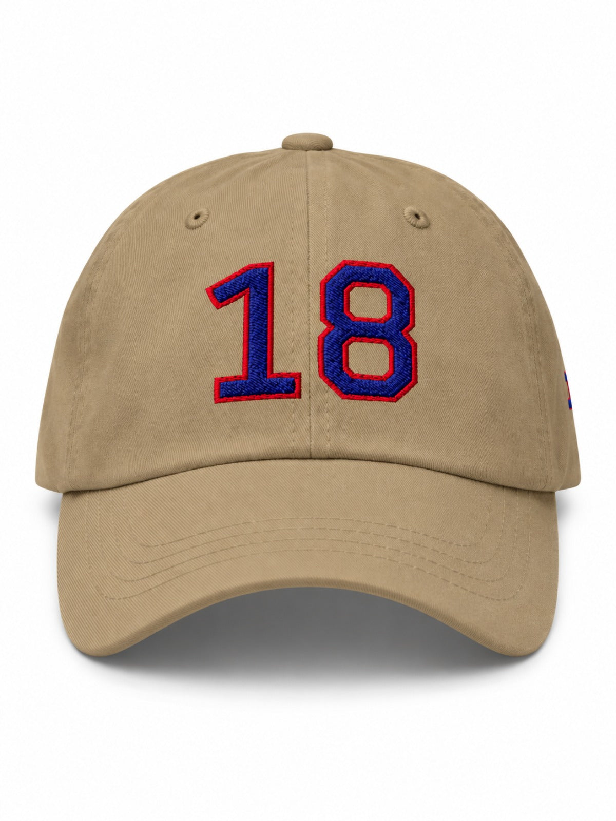 5C5V Ace 18 Japanese baseball cap in khaki – front view with navy and red 18 embroidery