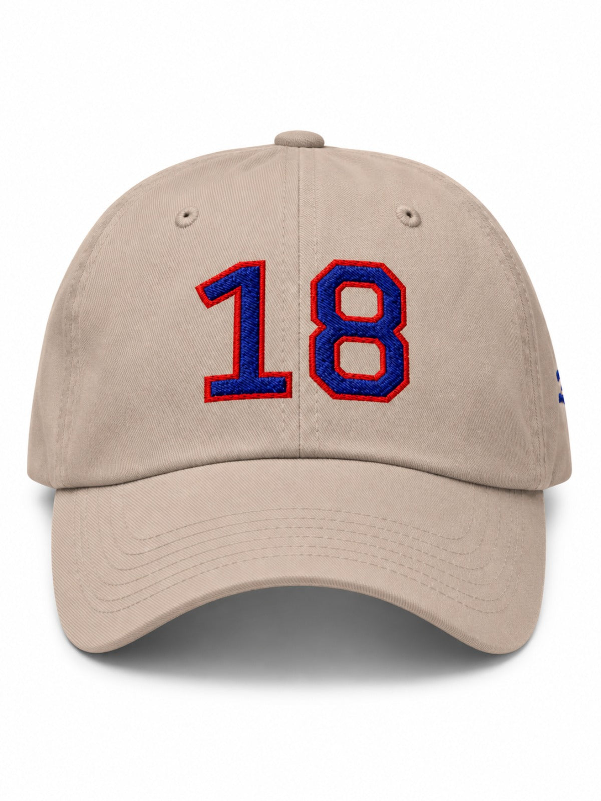 5C5V Ace 18 Japanese baseball cap in stone – front view with navy and red 18 embroidery
