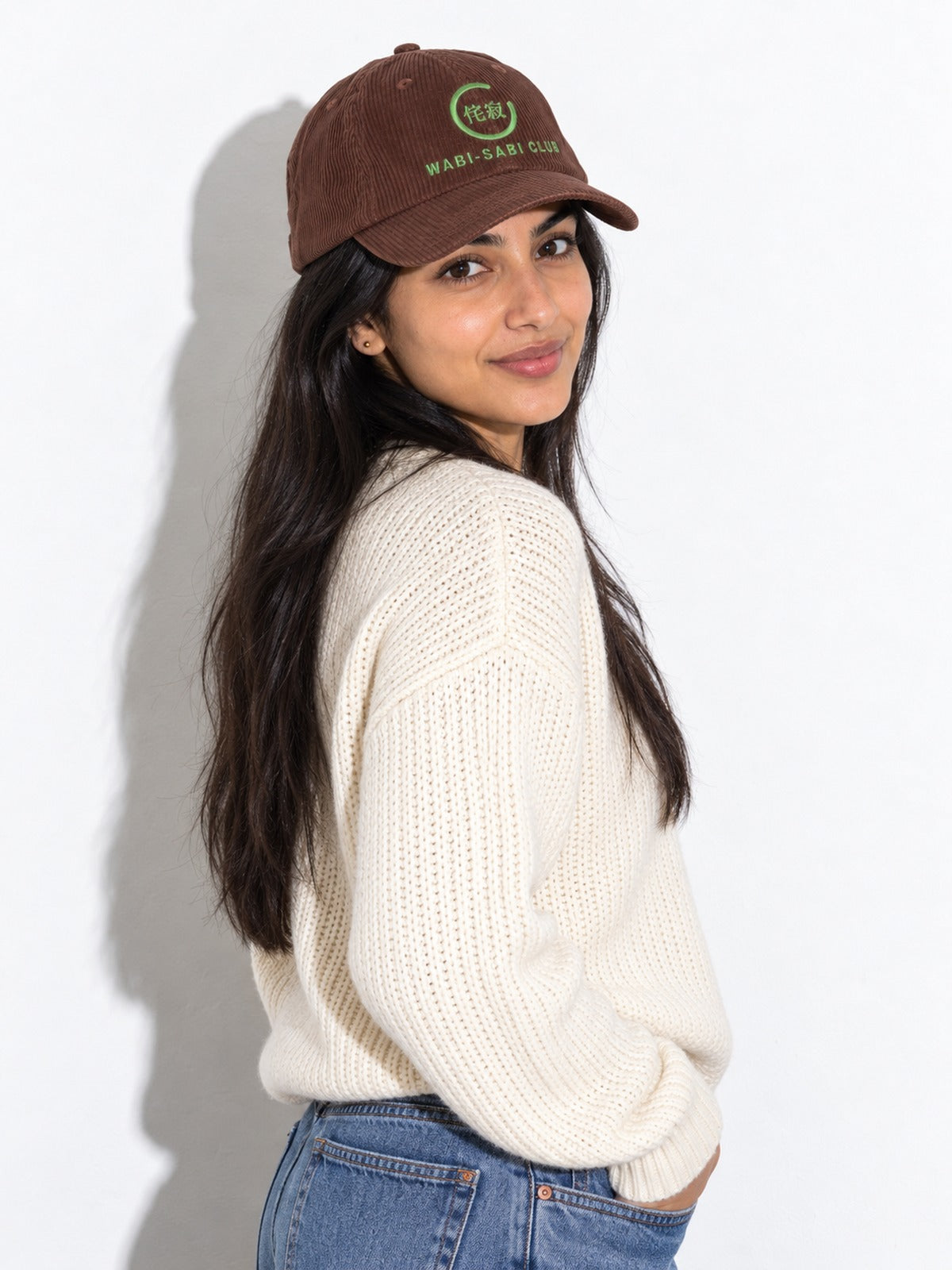 Wabi-Sabi Club corduroy cap, brown, over-the-shoulder