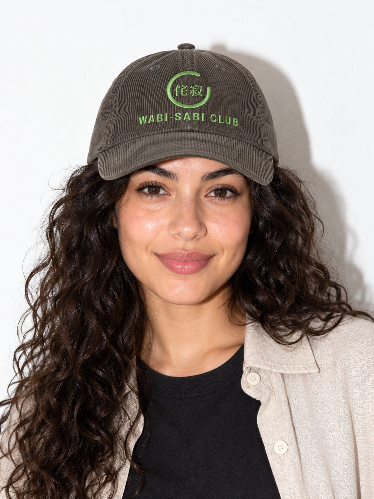 Wabi-Sabi Club corduroy cap, olive, portrait