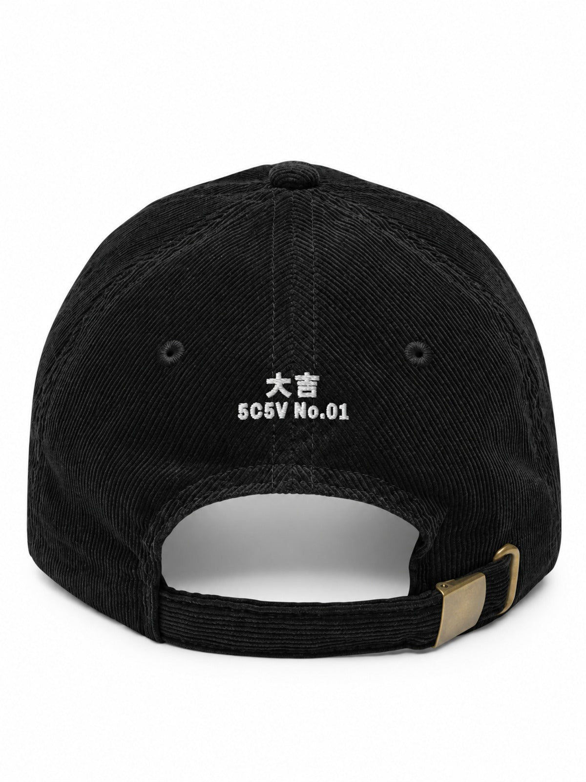 5C5V Daikichi (大吉) corduroy Japanese baseball cap in black, back view: white 大吉 and 5C5V No.01 embroidered above the adjustable strap with brass buckle