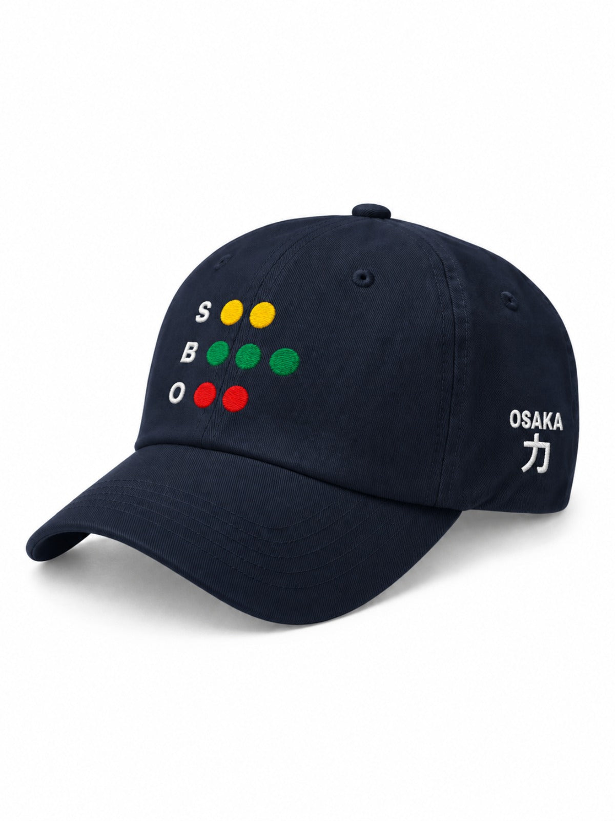 5C5V Full Count Japanese baseball cap in navy – side view with OSAKA 力 (strength) embroidery