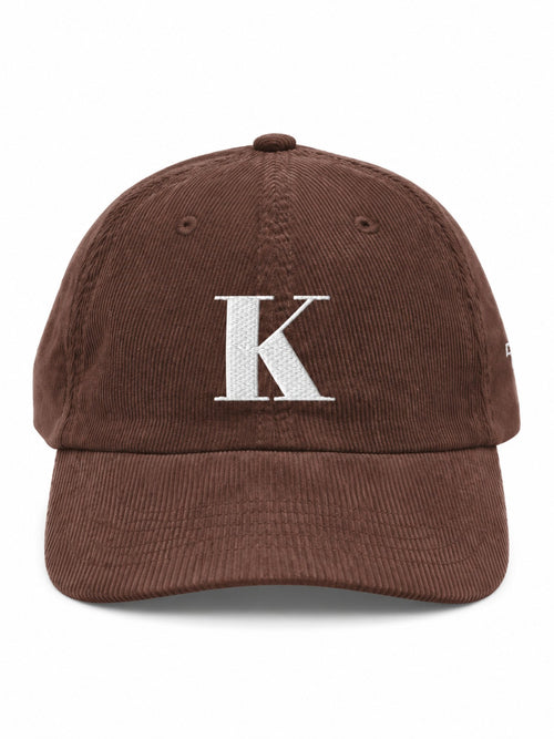 5C5V Kyoto K corduroy Japanese baseball cap in brown – front view with serif K embroidery