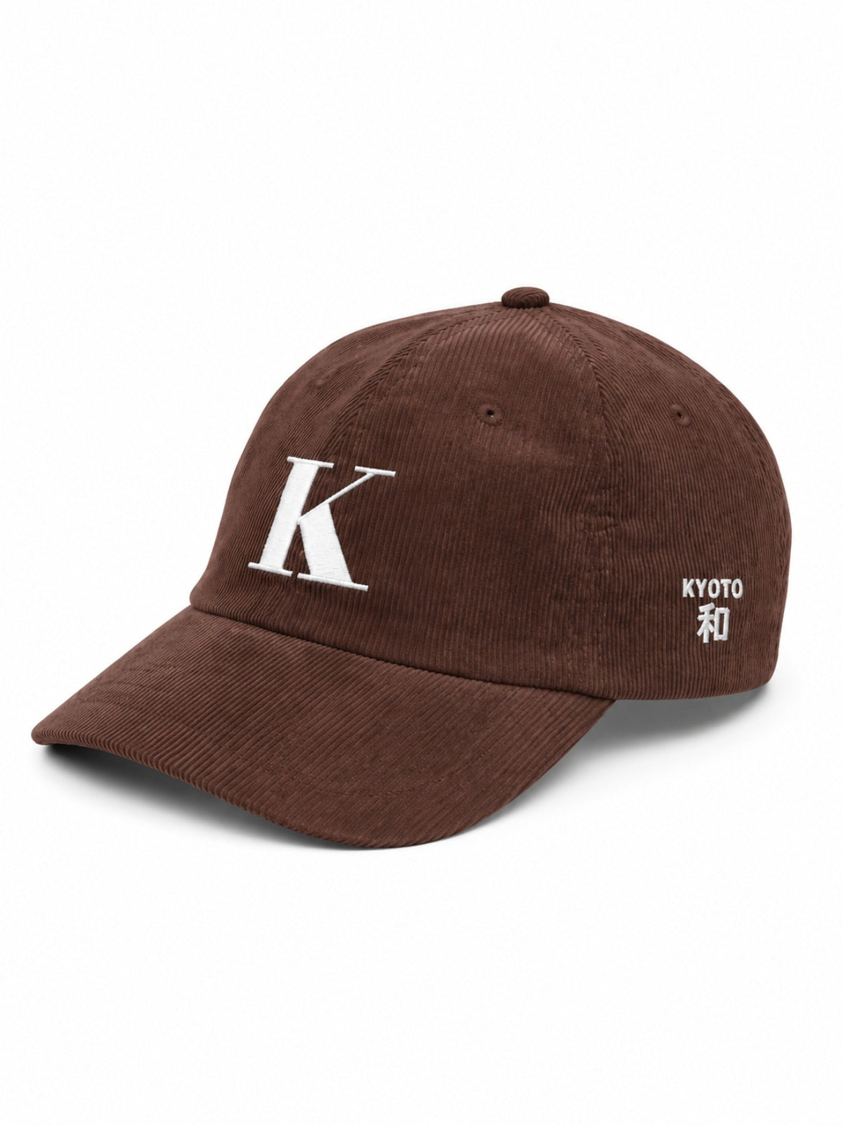 5C5V Kyoto K corduroy Japanese baseball cap in brown – side view with KYOTO 和 (harmony) embroidery