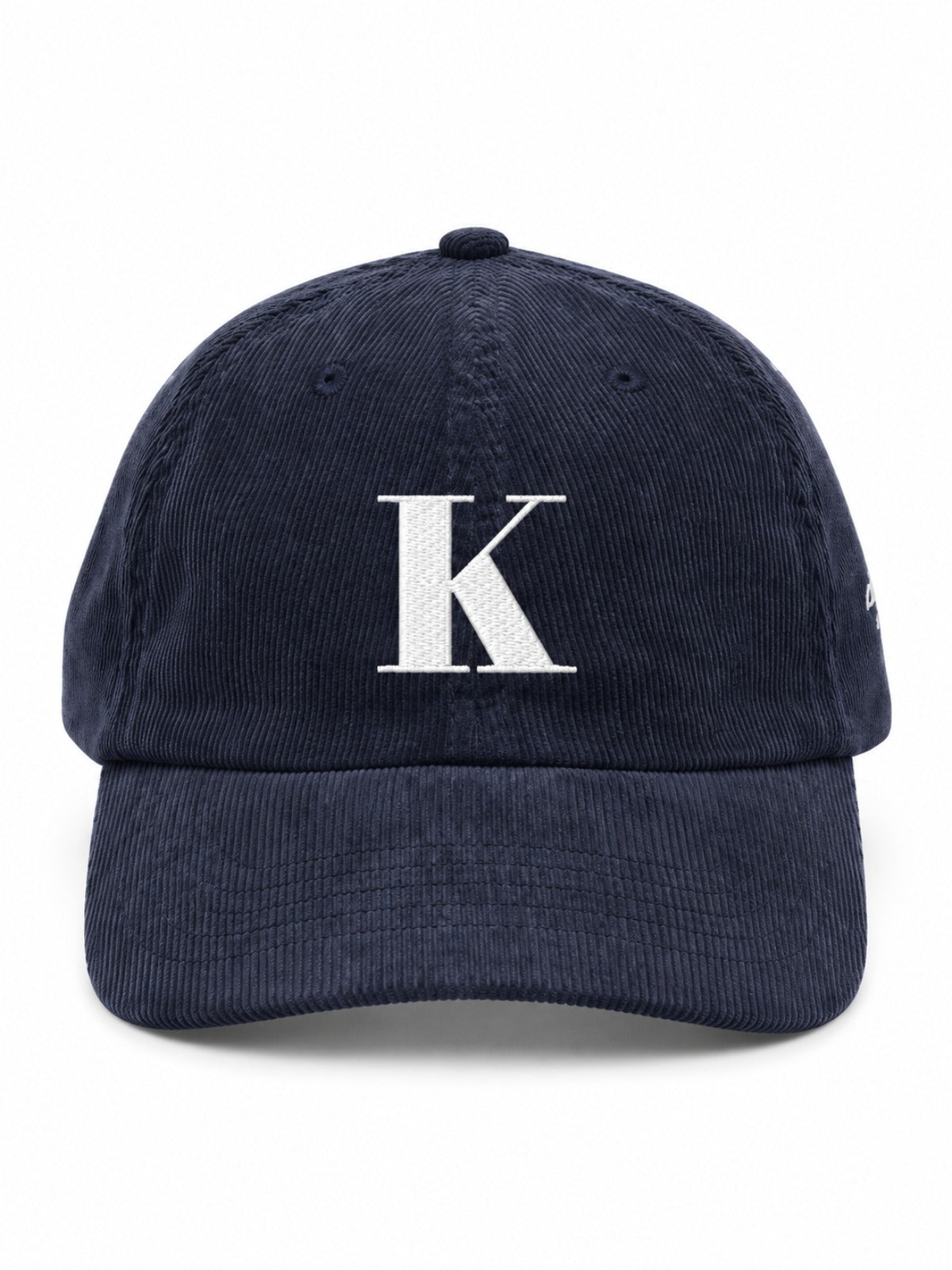 5C5V Kyoto K corduroy Japanese baseball cap in navy – front view with serif K embroidery