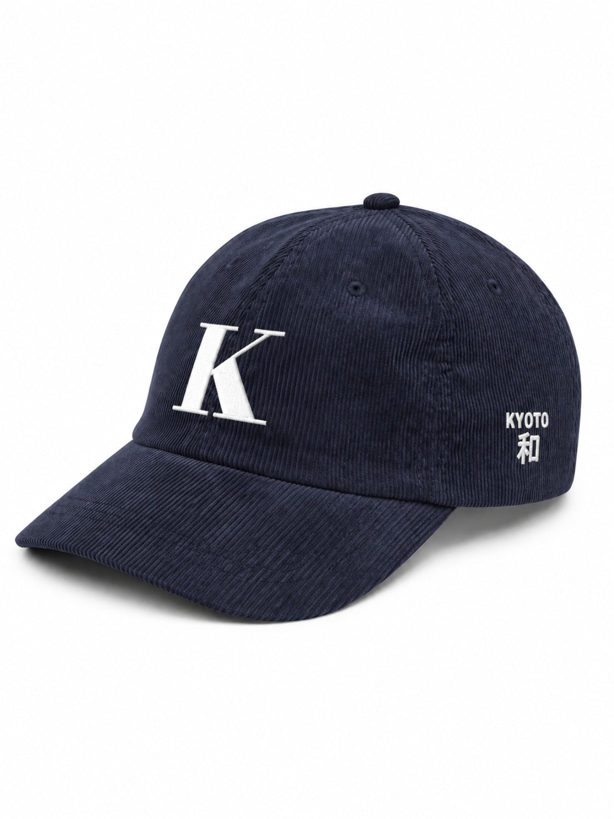 5C5V Kyoto K corduroy Japanese baseball cap in navy – side view with KYOTO 和 (harmony) embroidery