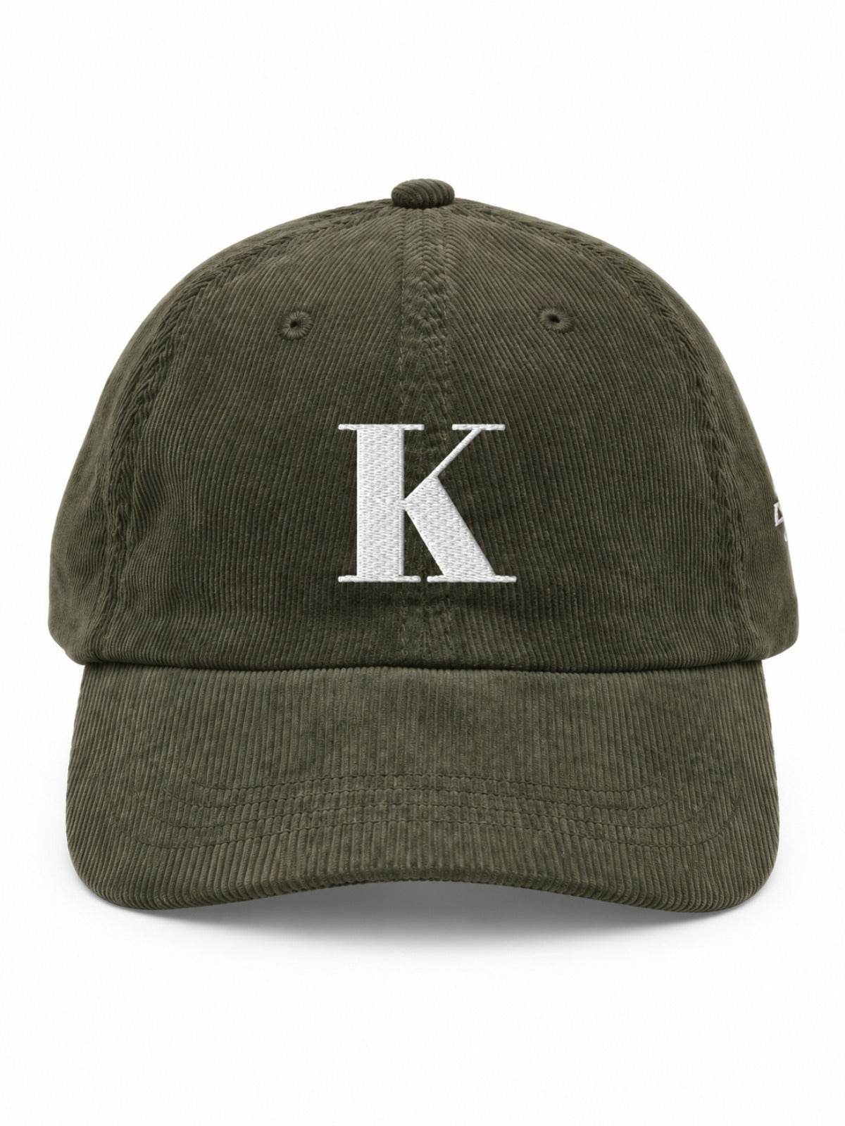 5C5V Kyoto K corduroy Japanese baseball cap in olive – front view with serif K embroidery