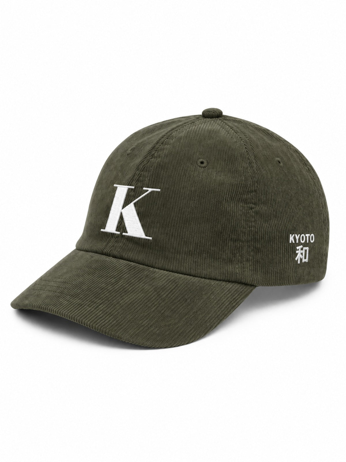 5C5V Kyoto K corduroy Japanese baseball cap in olive – side view with KYOTO 和 (harmony) embroidery