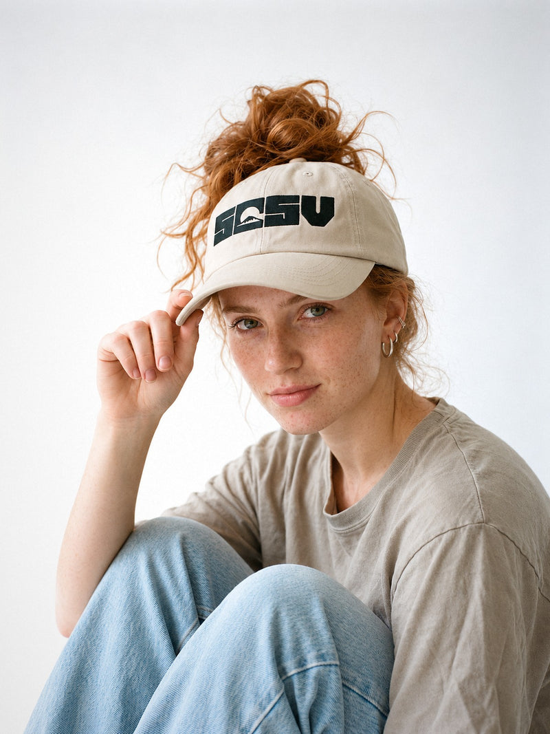 5C5V Originals Japanese baseball cap in stone with the black embroidered 5C5V Mt Fuji logo, worn on a white background
