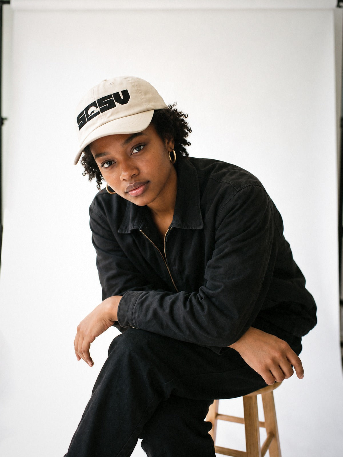 5C5V Originals Japanese baseball cap in stone with the black embroidered 5C5V Mt Fuji logo, worn on a white background