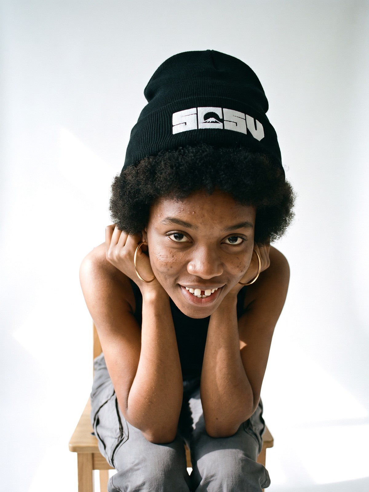 5C5V Originals Japanese beanie in black with the white embroidered 5C5V Mt Fuji logo, worn on a white background