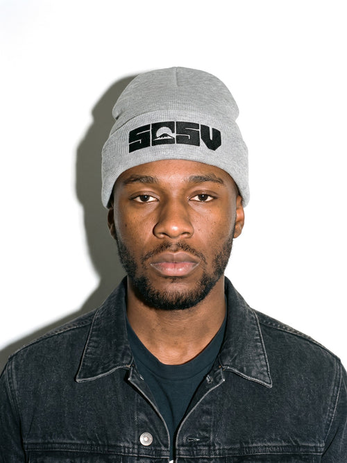 5C5V Originals Japanese beanie in heather grey with the black embroidered 5C5V Mt Fuji logo, worn on a white background