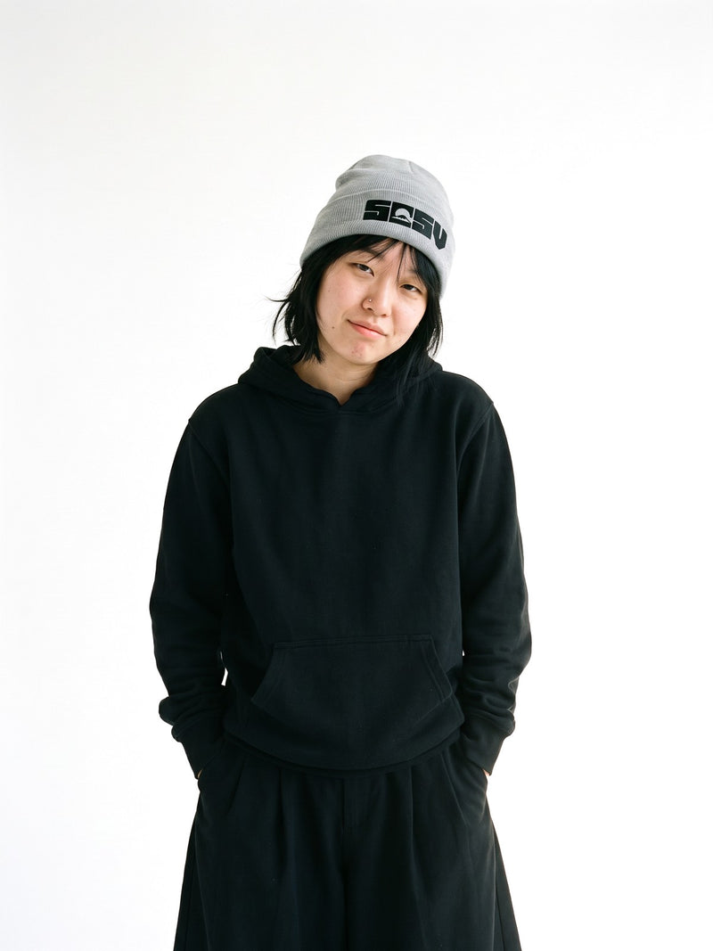 5C5V Originals Japanese beanie in heather grey with the black embroidered 5C5V Mt Fuji logo, worn on a white background