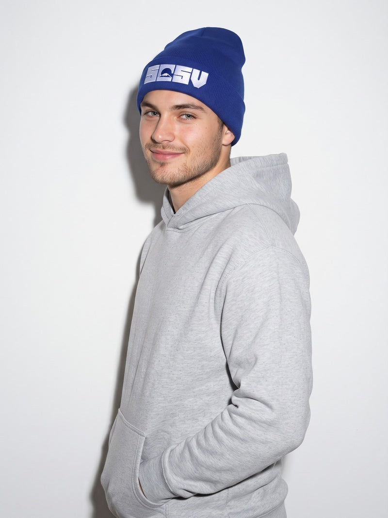 Model in a grey hoodie wearing the 5C5V Originals cuffed beanie in royal blue with the white embroidered 5C5V Mt Fuji logo