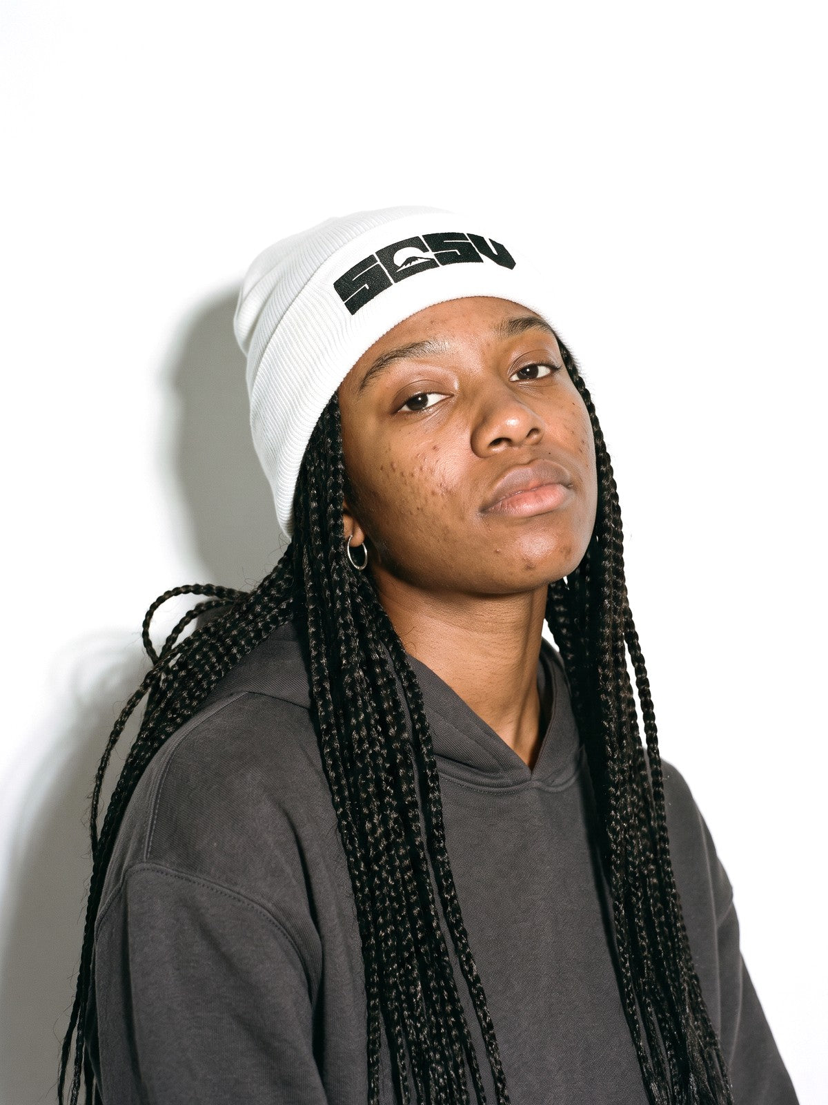 5C5V Originals Japanese beanie in white with the black embroidered 5C5V Mt Fuji logo, worn on a white background