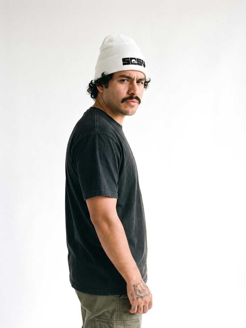 5C5V Originals Japanese beanie in white with the black embroidered 5C5V Mt Fuji logo, worn on a white background