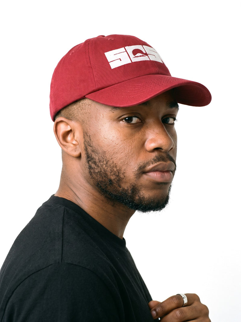 5C5V Originals Japanese baseball cap in cranberry with the white embroidered 5C5V Mt Fuji logo, worn on a white background