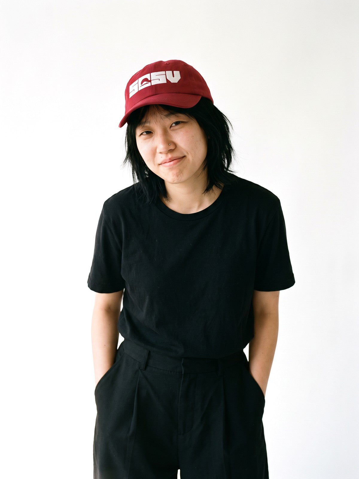 5C5V Originals Japanese baseball cap in cranberry with the white embroidered 5C5V Mt Fuji logo, worn on a white background
