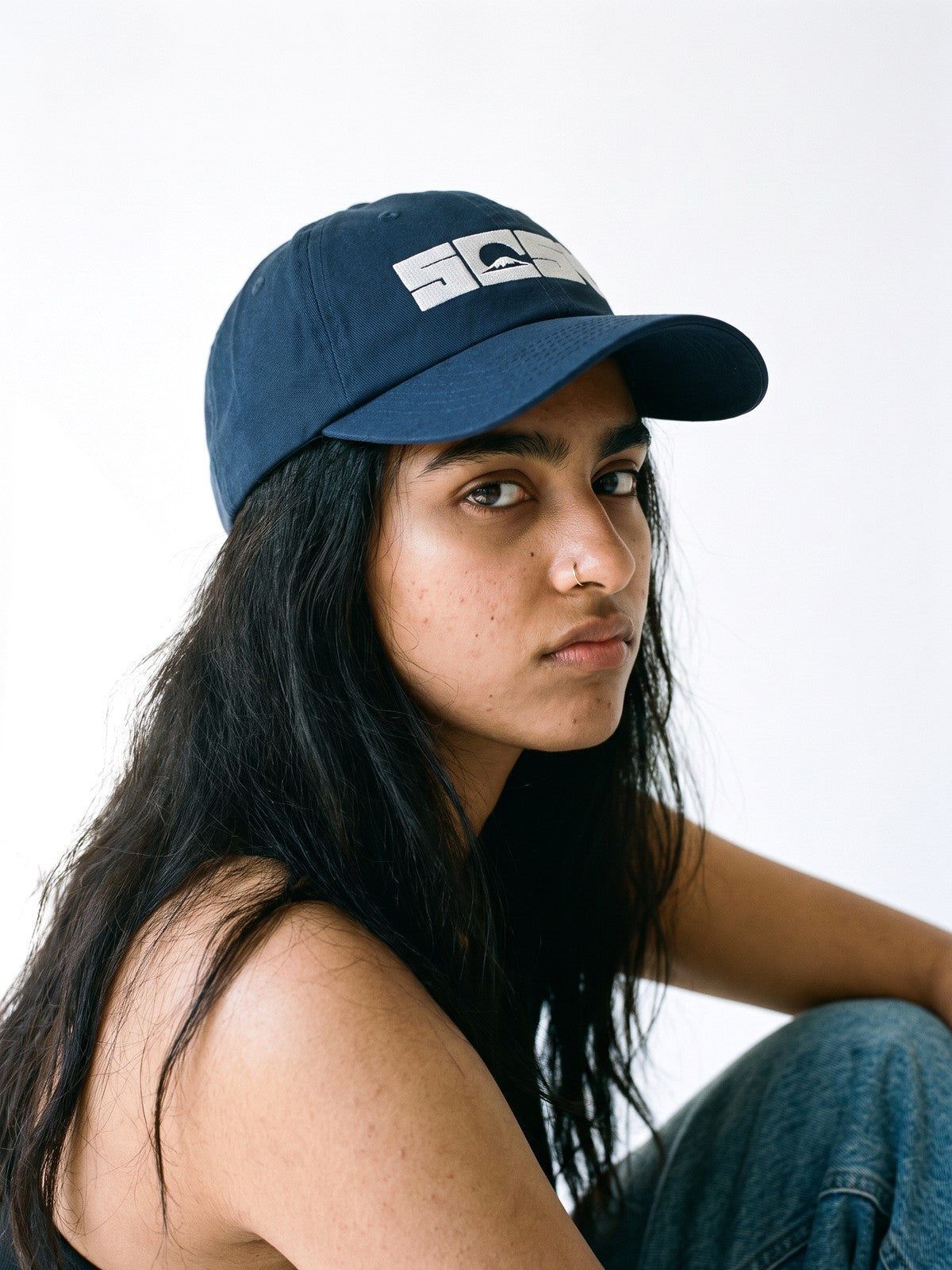 5C5V Originals Japanese baseball cap in navy with the white embroidered 5C5V Mt Fuji logo, worn on a white background