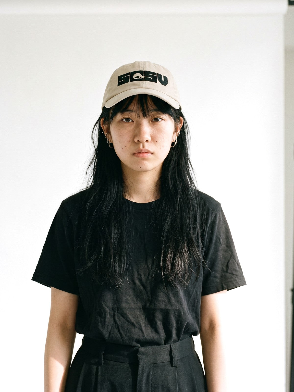 5C5V Originals Japanese baseball cap in stone with the black embroidered 5C5V Mt Fuji logo, worn on a white background
