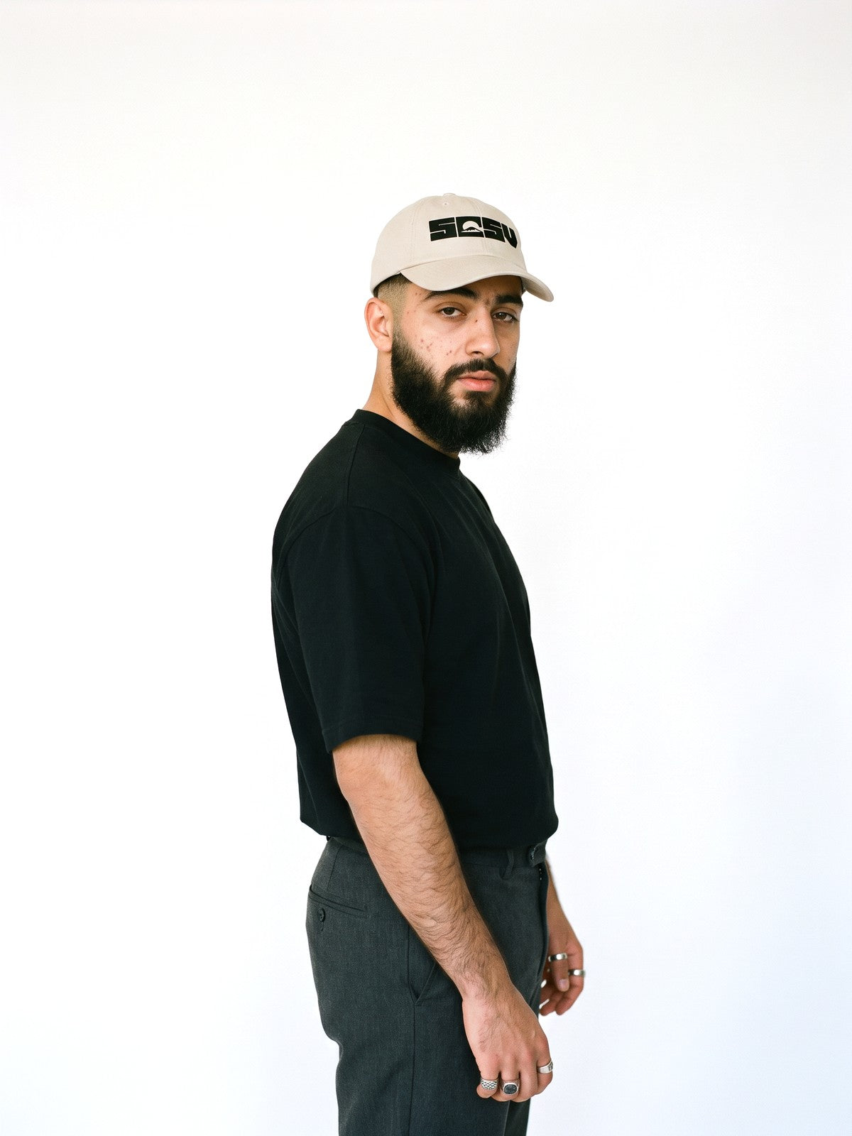 5C5V Originals Japanese baseball cap in stone with the black embroidered 5C5V Mt Fuji logo, worn on a white background