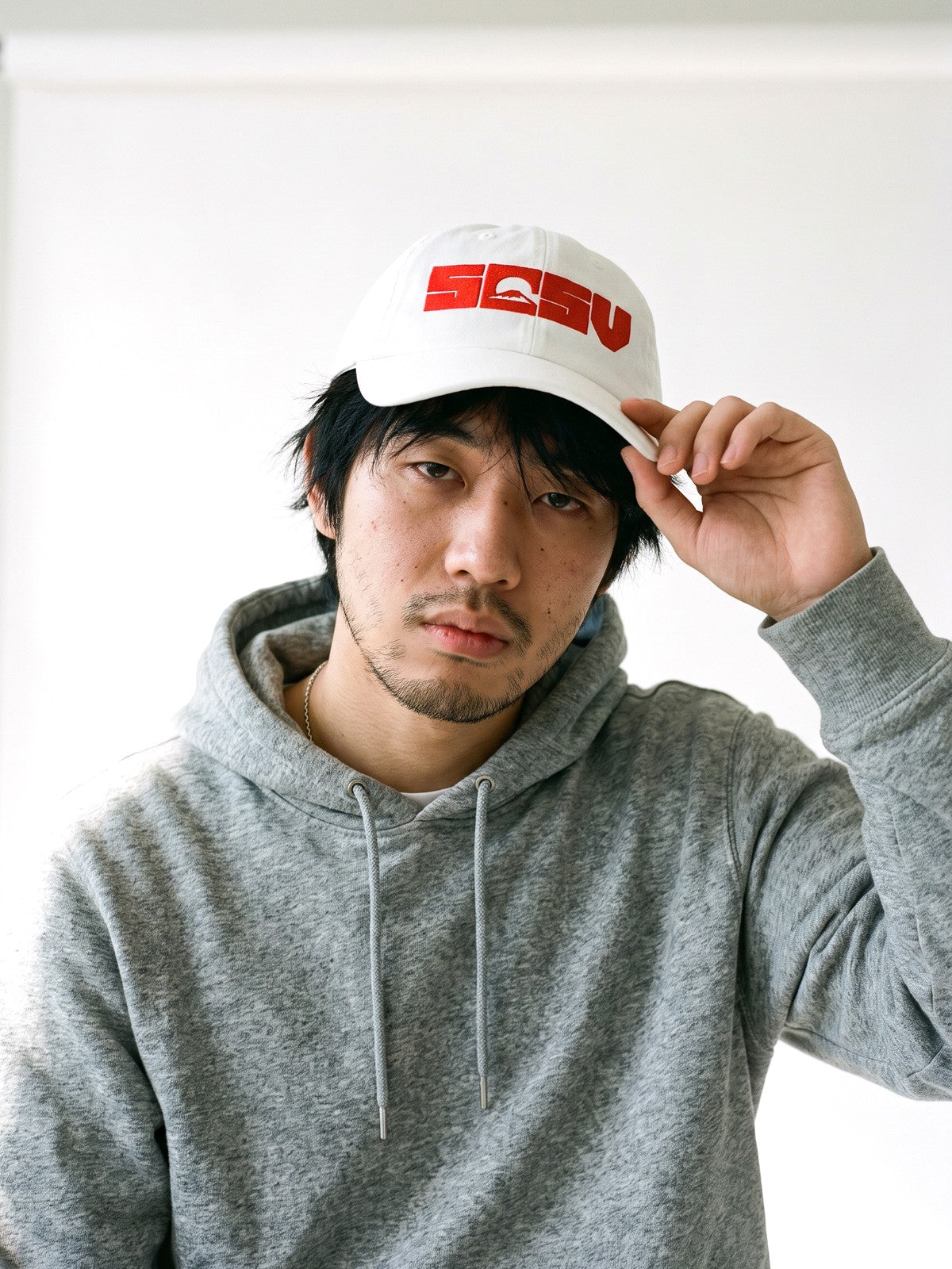 5C5V Originals Japanese baseball cap in white with the red embroidered 5C5V Mt Fuji logo, worn on a white background