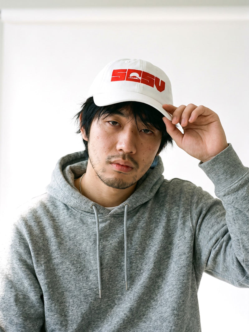 5C5V Originals Japanese baseball cap in white with the red embroidered 5C5V Mt Fuji logo, worn on a white background