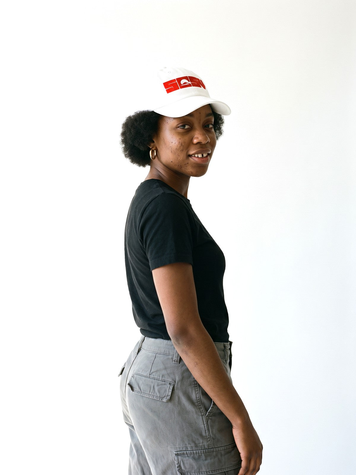 5C5V Originals Japanese baseball cap in white with the red embroidered 5C5V Mt Fuji logo, worn on a white background