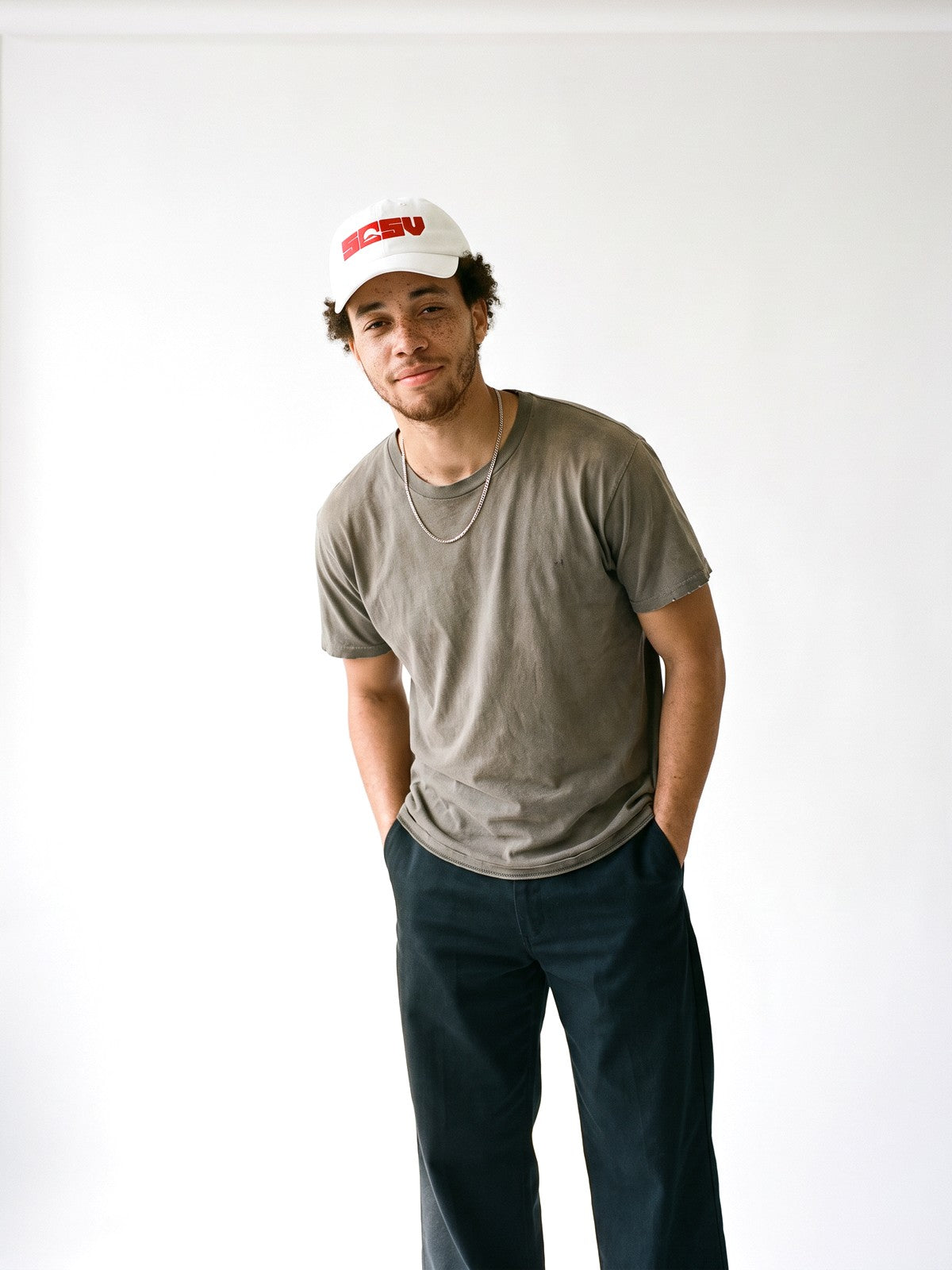 5C5V Originals Japanese baseball cap in white with the red embroidered 5C5V Mt Fuji logo, worn on a white background
