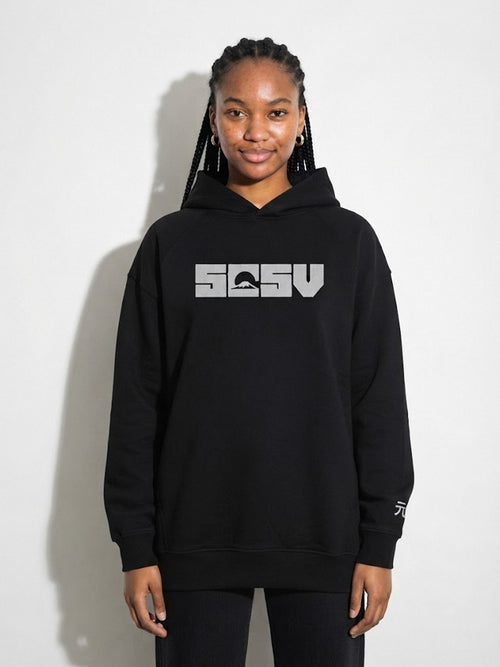 Model wearing the 5C5V Originals 元 heavyweight hoodie in black, Mt Fuji 5C5V logo embroidered across the chest in light grey
