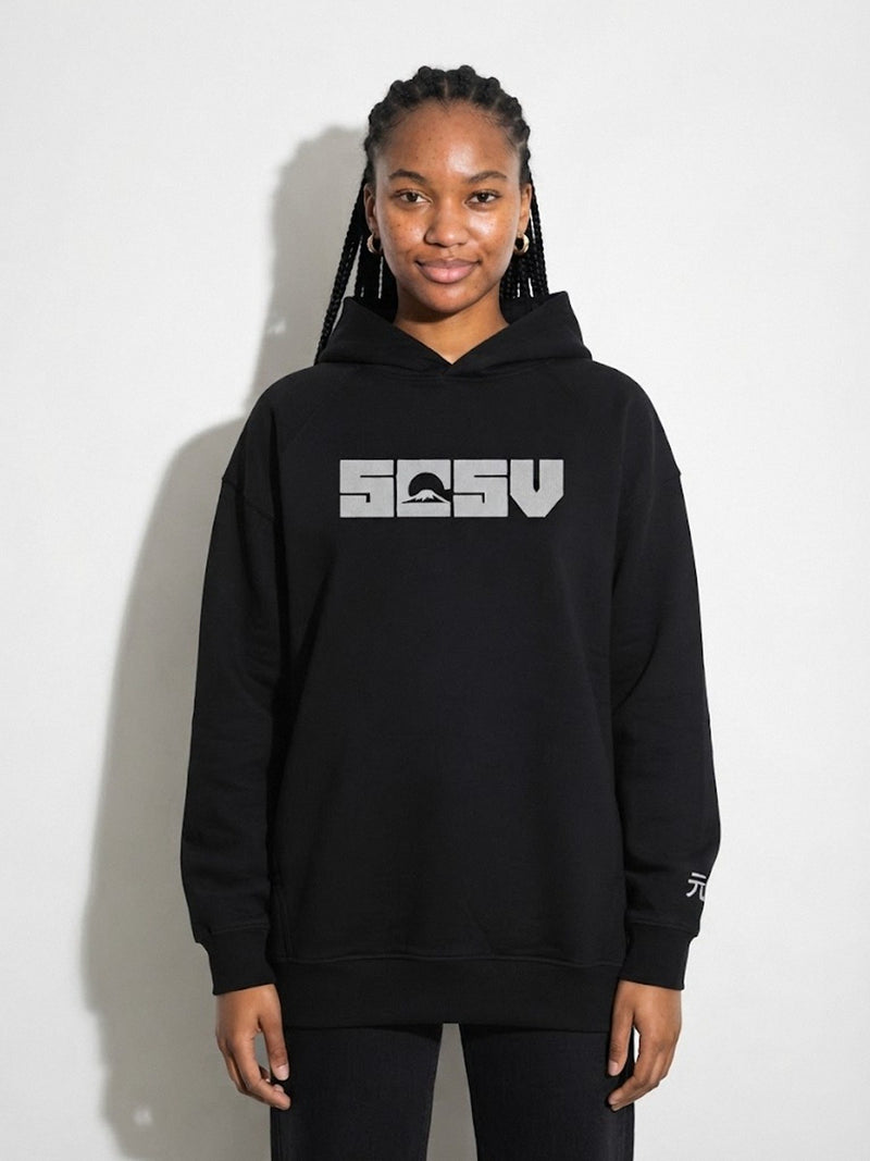 Model wearing the 5C5V Originals 元 heavyweight hoodie in black, Mt Fuji 5C5V logo embroidered across the chest in light grey