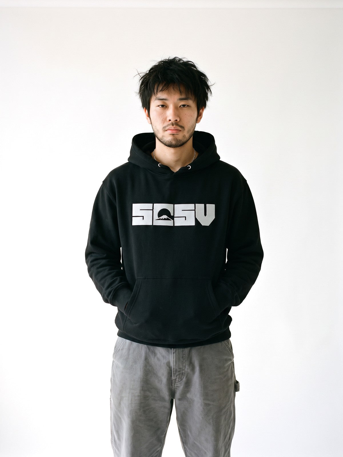 5C5V Originals hoodie in black, worn on a white background