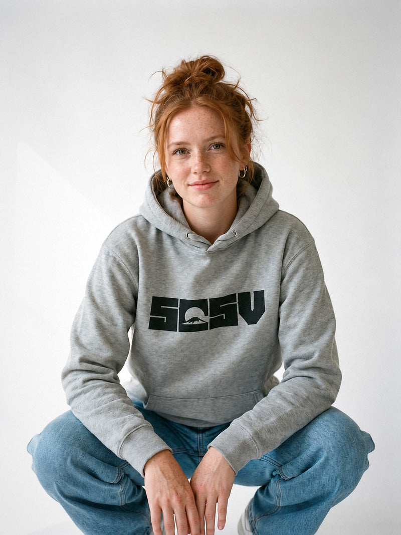 5C5V Originals hoodie in carbon grey, worn on a white background