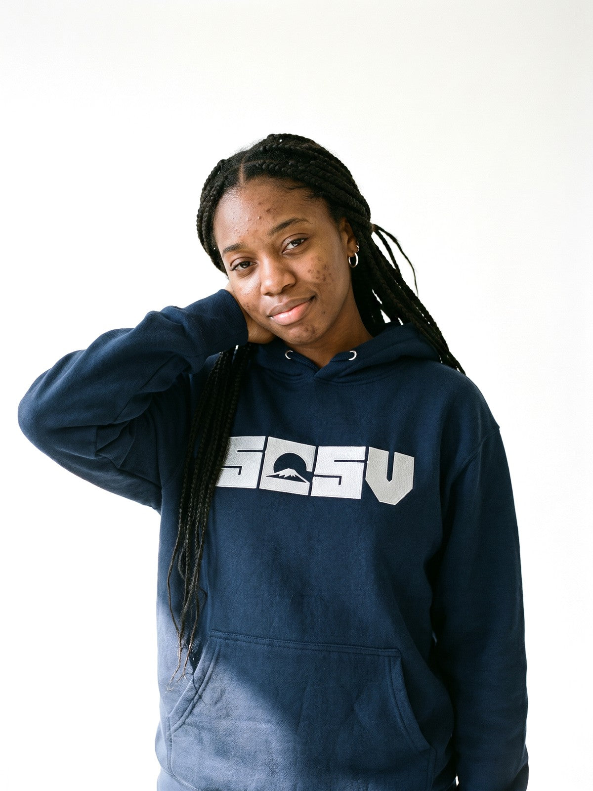 5C5V Originals hoodie in navy, worn on a white background