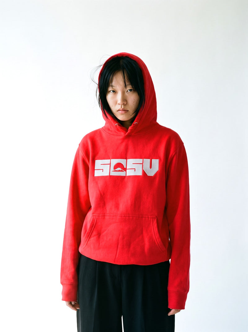 5C5V Originals hoodie in red, worn on a white background