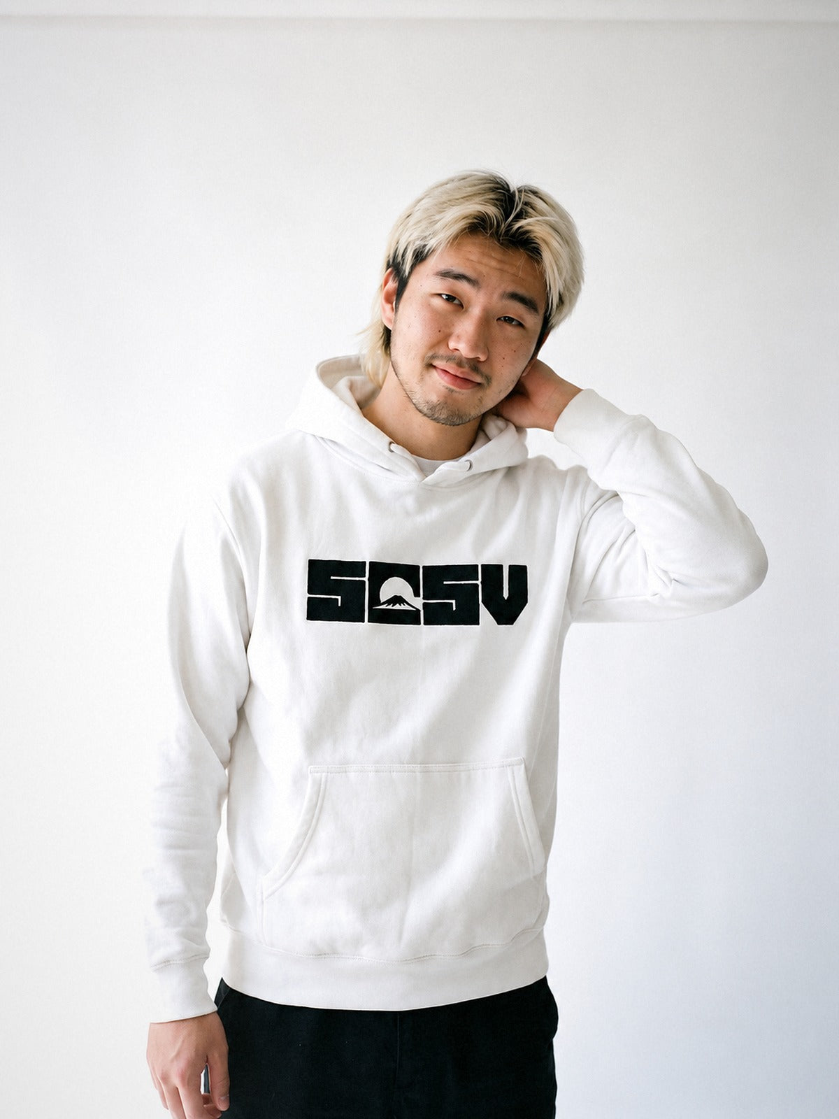 5C5V Originals hoodie in white, worn on a white background
