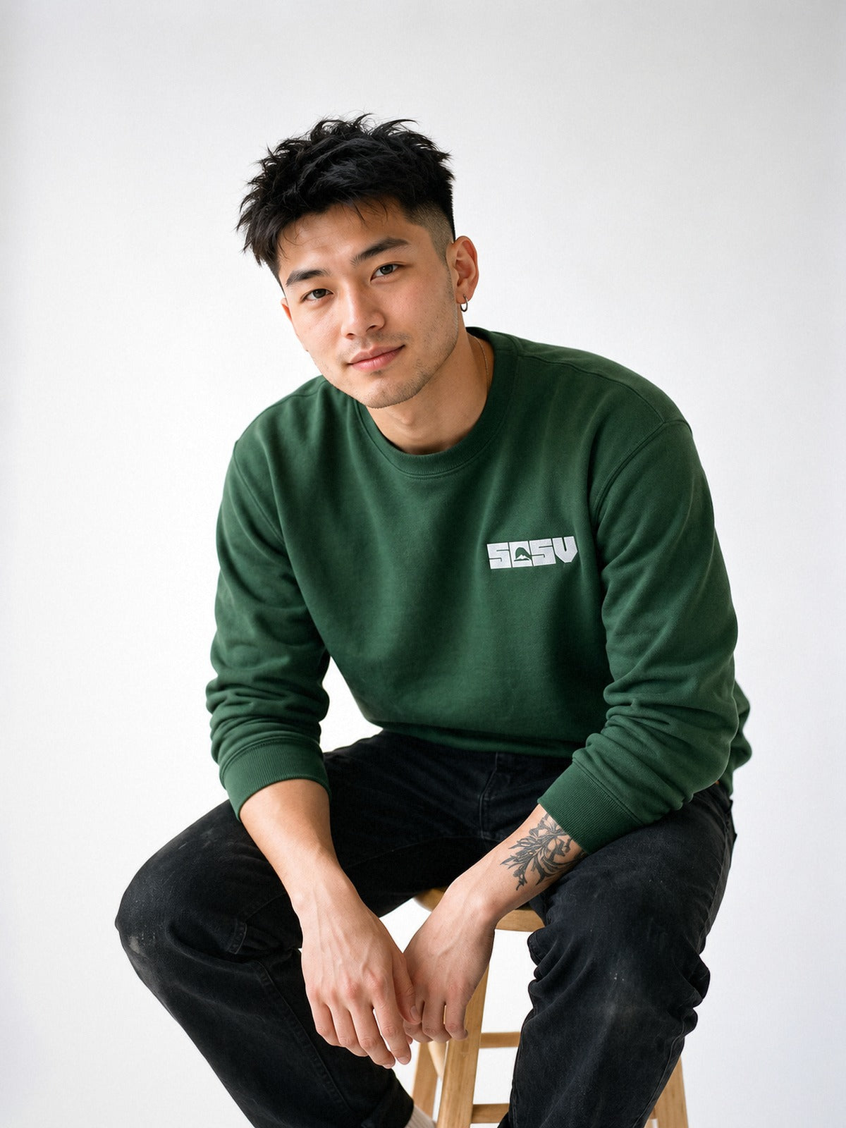 5C5V Originals sweatshirt in forest green, worn on a white background
