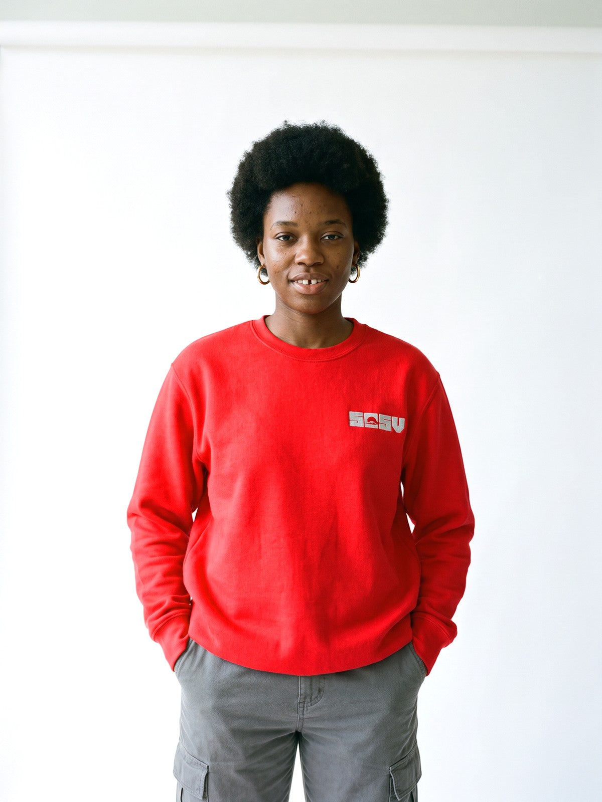 5C5V Originals sweatshirt in red, worn on a white background