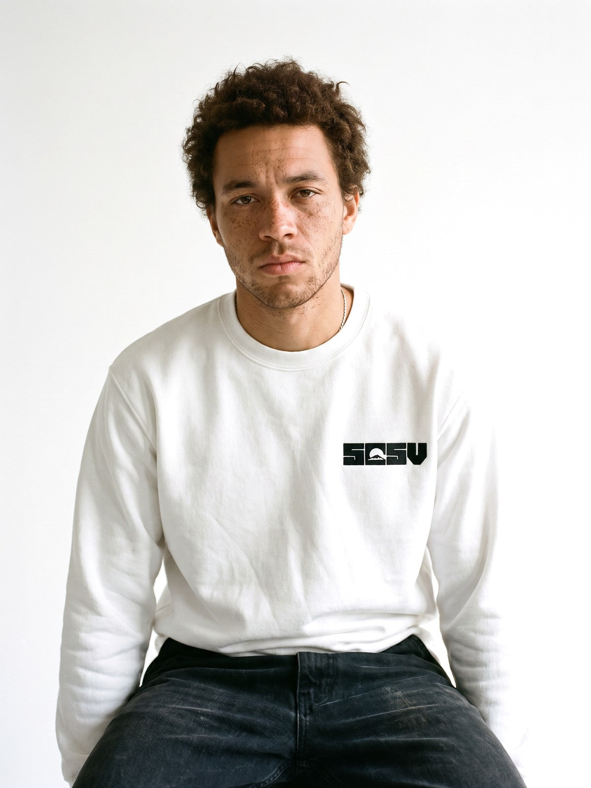 5C5V Originals sweatshirt in white, worn on a white background