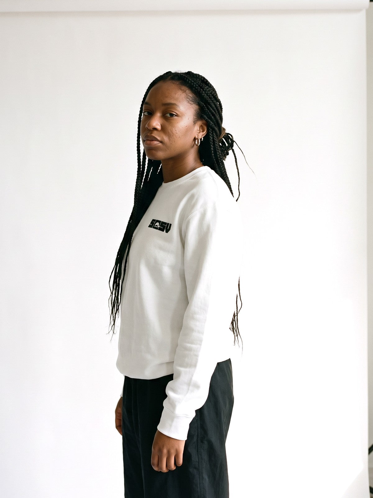 5C5V Originals sweatshirt in white, worn on a white background