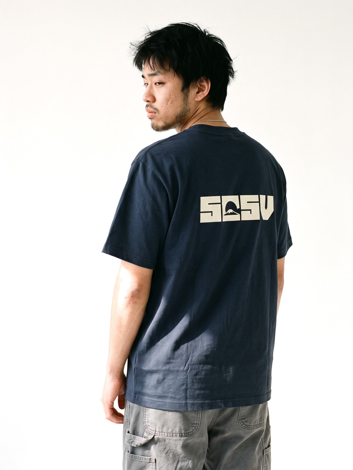 5C5V Originals T-shirt in navy, back view showing the large back logo