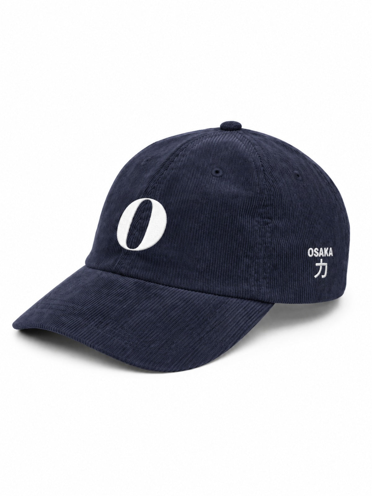 5C5V Osaka O corduroy Japanese baseball cap in navy – side view with OSAKA 力 (strength) embroidery