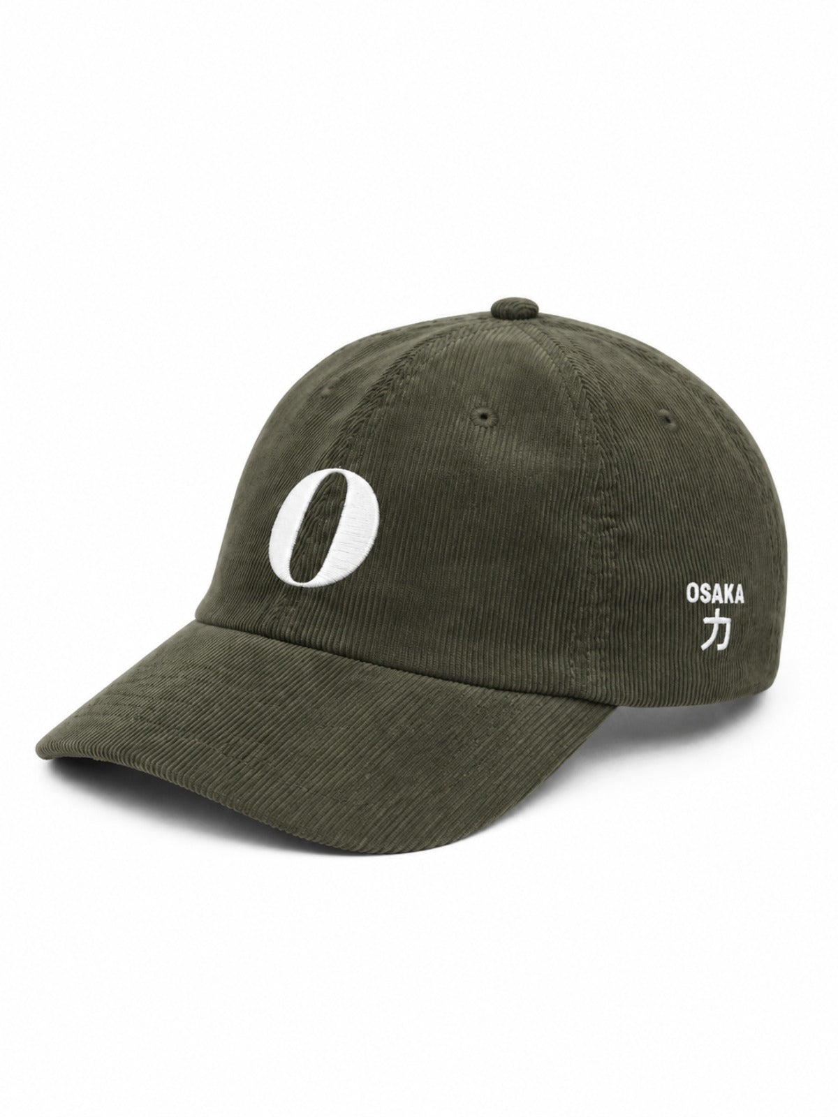 5C5V Osaka O corduroy Japanese baseball cap in olive – side view with OSAKA 力 (strength) embroidery
