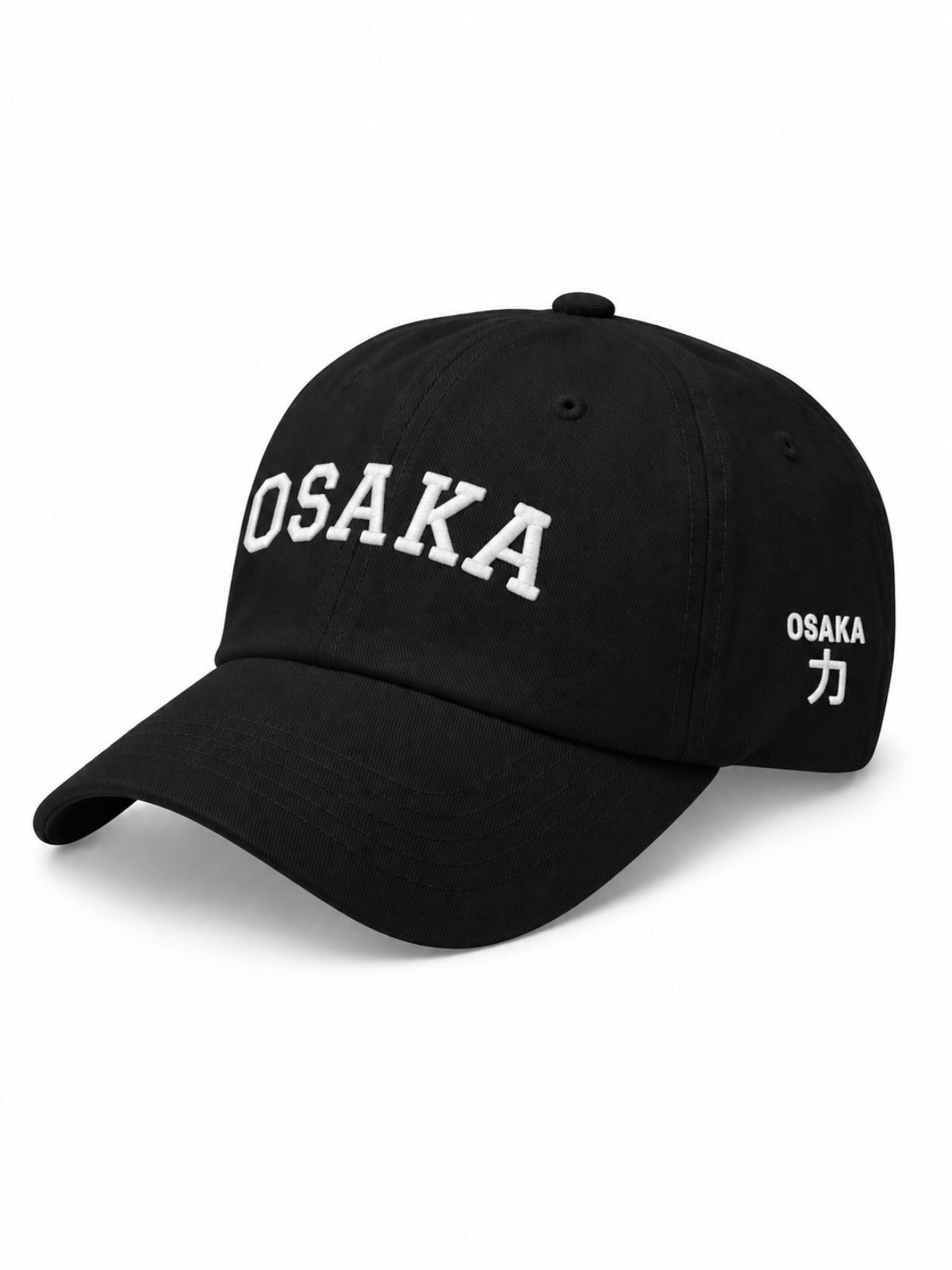 5C5V Osaka Varsity Japanese baseball cap in black – side view with OSAKA 力 (strength) embroidery