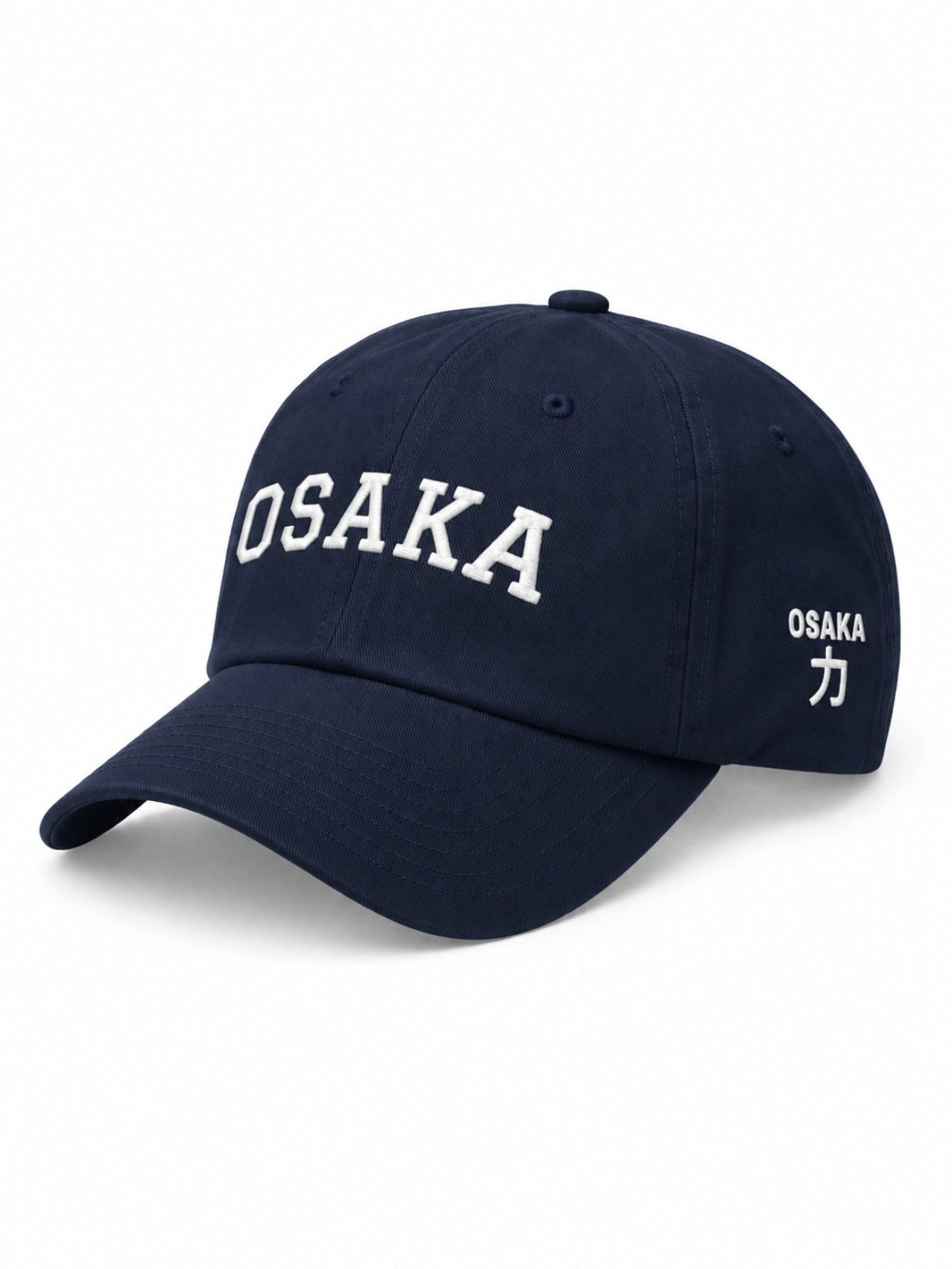 5C5V Osaka Varsity Japanese baseball cap in navy – side view with OSAKA 力 (strength) embroidery