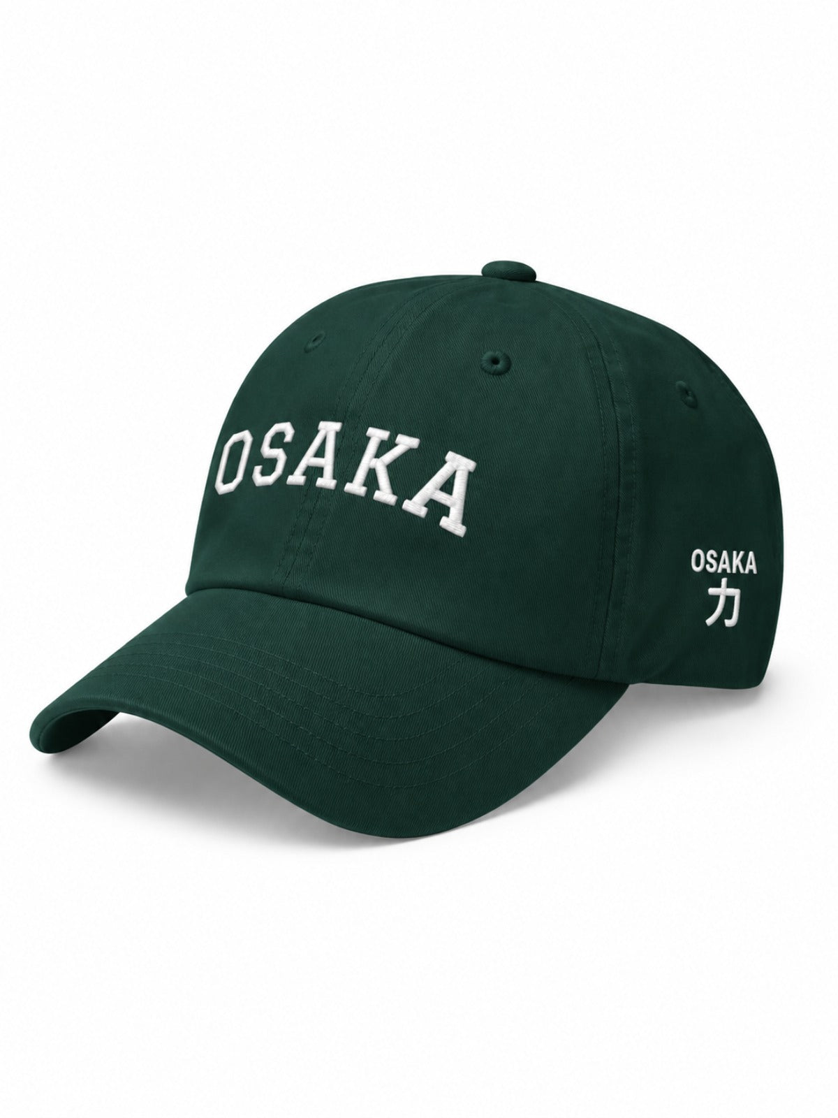 5C5V Osaka Varsity Japanese baseball cap in spruce – side view with OSAKA 力 (strength) embroidery