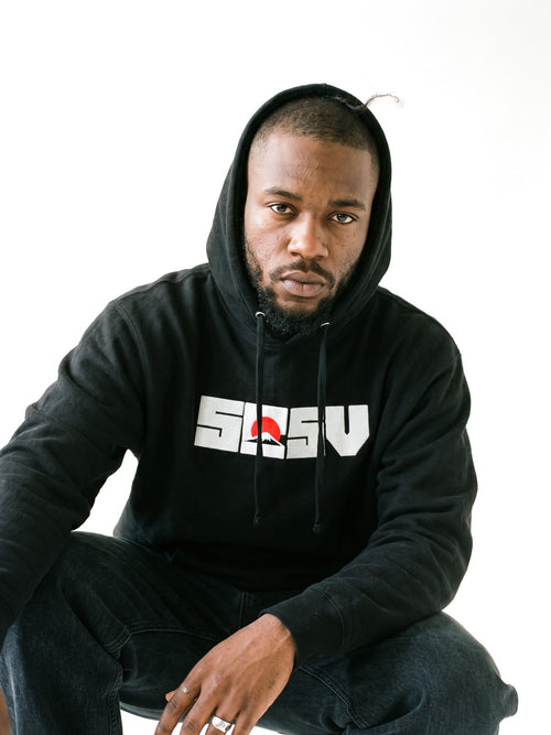 5C5V Red Sun hoodie in black, worn on a white background